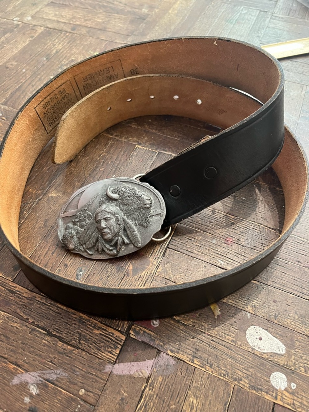 US postal standard Black Leather Men's Belt with Native Motif Buckle size 38
